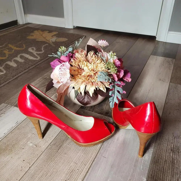 MOSSIMO PATENT LEATHER CHERRY RED OPEN TOE PUMPS HIGH HEELS SIZE 9.5 - Picture 6 of 12